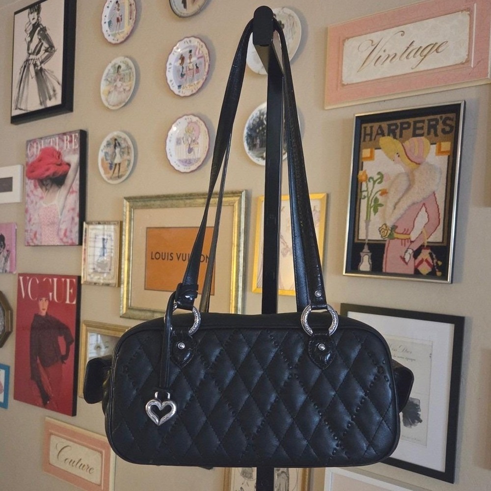 Brighton Quilted Shoulder Baguette Bag Black Leather Heart Charm Y2K